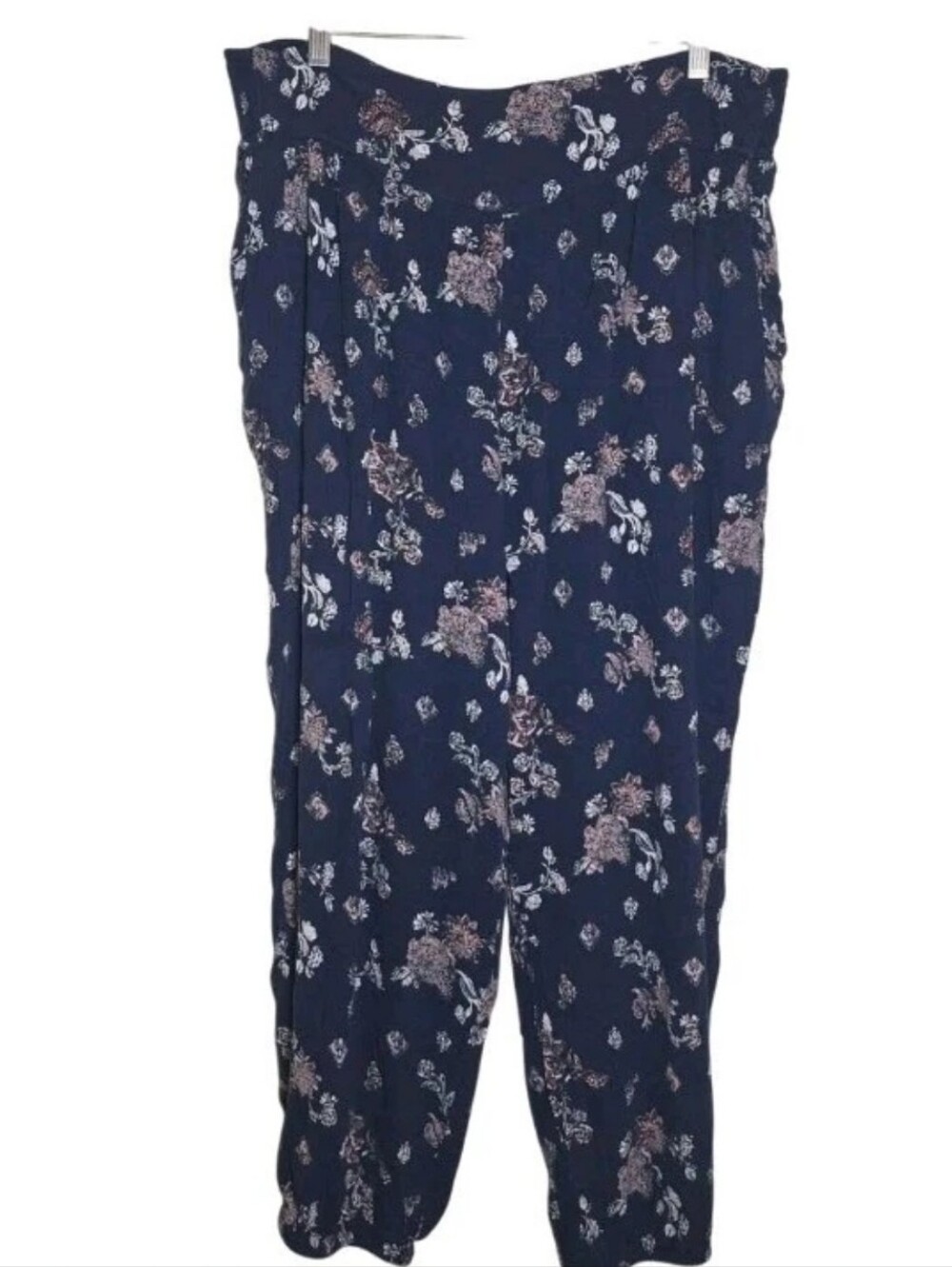 SO Women's XL Boho Floral Trim Wide Leg Yoga Pants Aladdin Closed Ankle Pockets